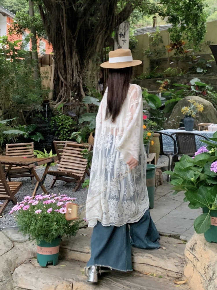 レディースカーディガン 花刺繍レース透かし羽織カーディガン