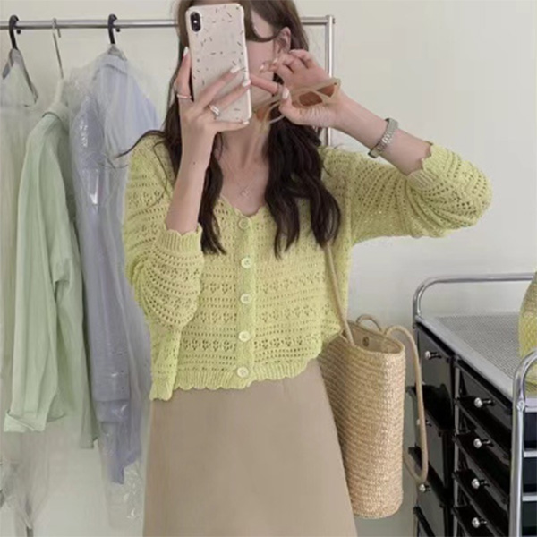 レディースカーディガン 透かし編みショート丈カーディガン長袖ニット