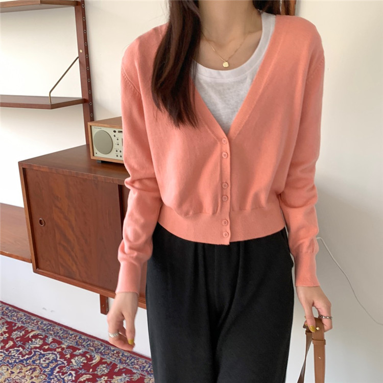 レディースカーディガン ショート丈ニットカーディガン シンプルレトロ風