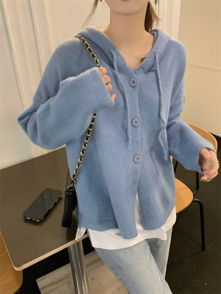 レディースカーディガン フード付きミドル丈ニットカーディガン レイヤード万能アイテム