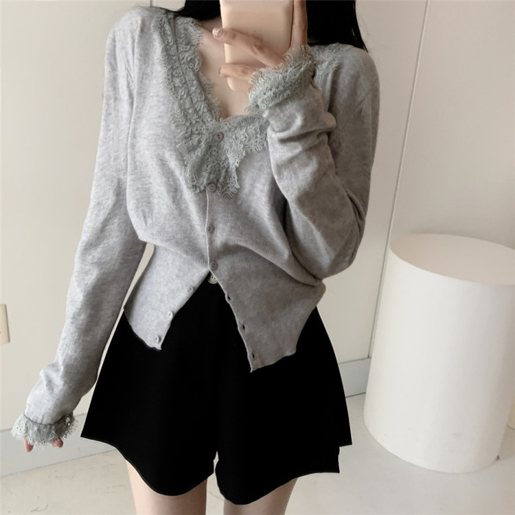 レディースカーディガン レース襟ショート丈ニットカーディガン 長袖 可愛い系