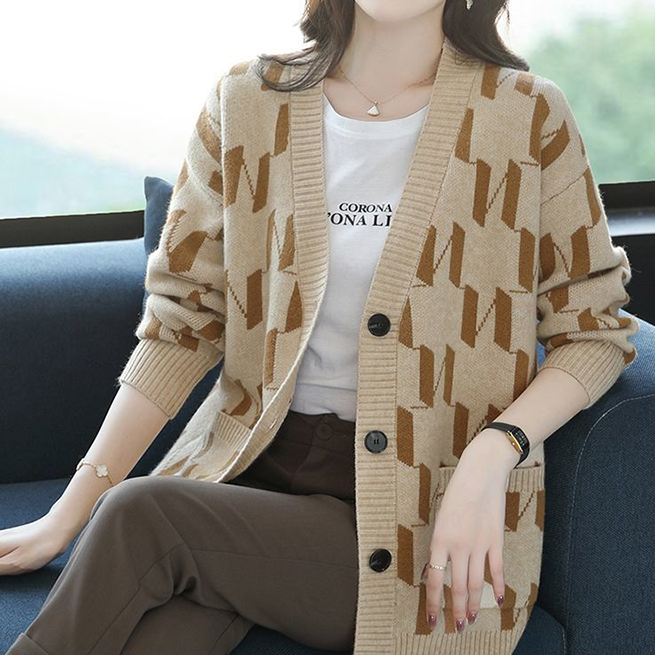 レディースカーディガン ミドル丈 モノグラム柄 ブイネック カーディガン 羽織り