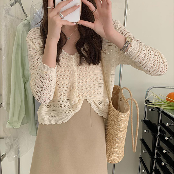 レディースカーディガン 透かし編みショート丈カーディガン長袖ニット