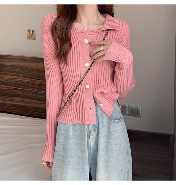レディースカーディガン 秋冬ショート丈襟付きニットカーディガン無地レディース