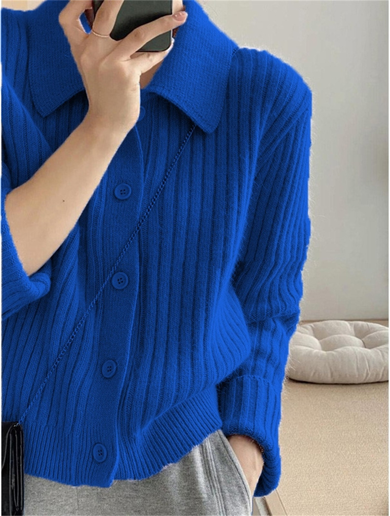 レディースカーディガン ショート丈 襟付きリブニット カーディガン