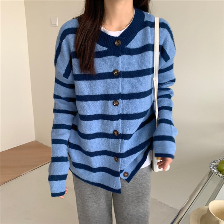 レディースカーディガン おしゃれ ボーダー柄 ミドル丈 ニットカーディガン