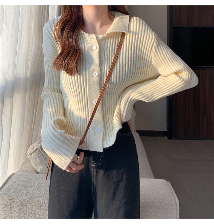 レディースカーディガン 秋冬ショート丈襟付きニットカーディガン無地レディース