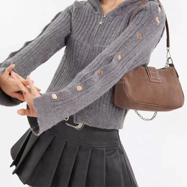 レディースカーディガン ショート丈 二重ファスナー ニット カーディガン フード付き 袖ボタン