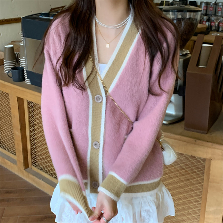 レディースカーディガン 秋冬定番ショート丈ニットカーディガン配色デザイン　センターライン