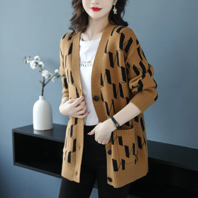 レディースカーディガン ミドル丈 モノグラム柄 ブイネック カーディガン 羽織り
