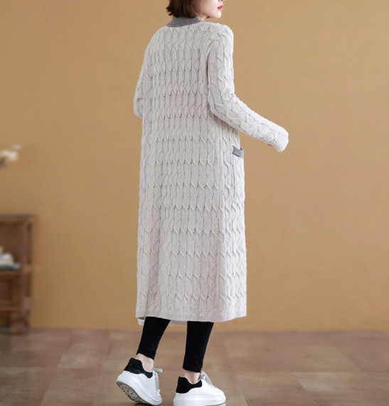 レディースカーディガン ロング丈 ケーブル編みニットカーディガン