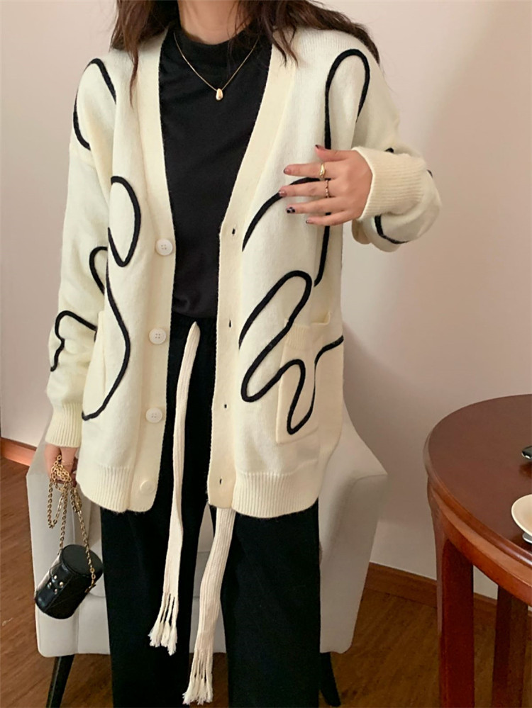 レディースカーディガン 秋冬ゆったりミドル丈ニットカーディガン長袖　デザインカーディガン