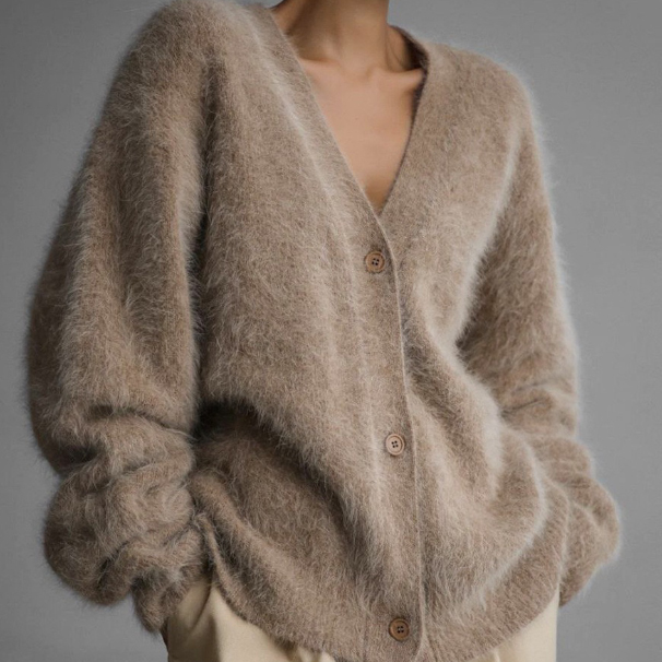 レディースカーディガン ミドル丈 ふわふわシャギー ブイネック カーディガン