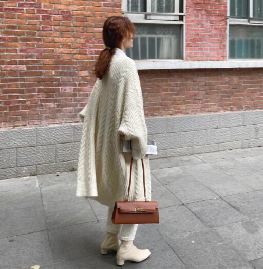 レディースカーディガン 秋冬ロング丈ケーブル編みニットカーディガン