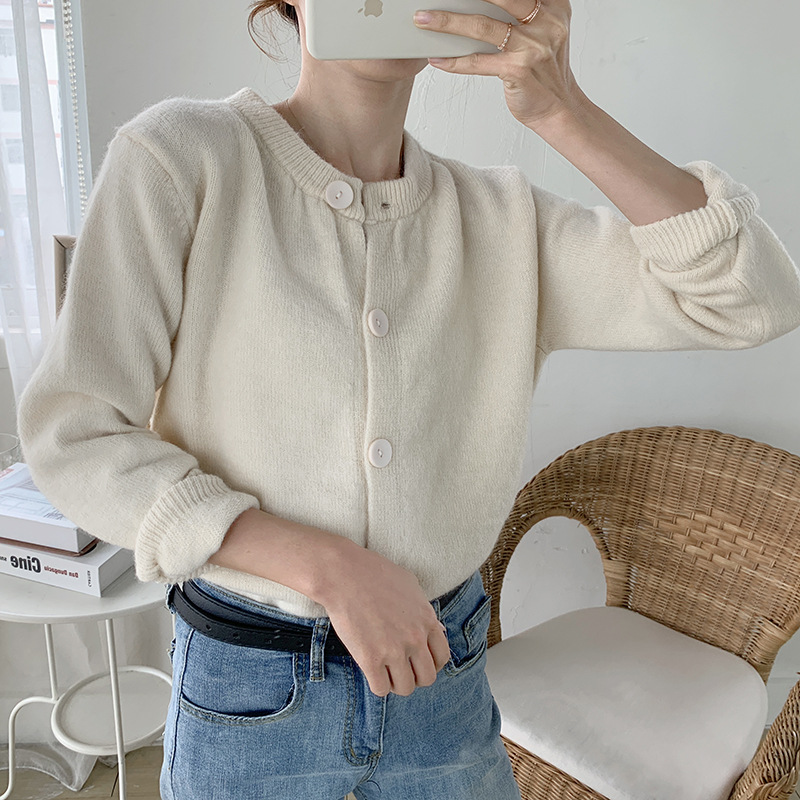 レディースカーディガン ショート丈 ボタン付き長袖ニット羽織カーディガン 