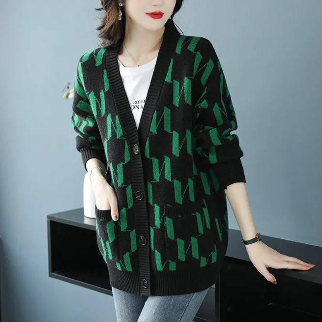 レディースカーディガン ミドル丈 モノグラム柄 ブイネック カーディガン 羽織り