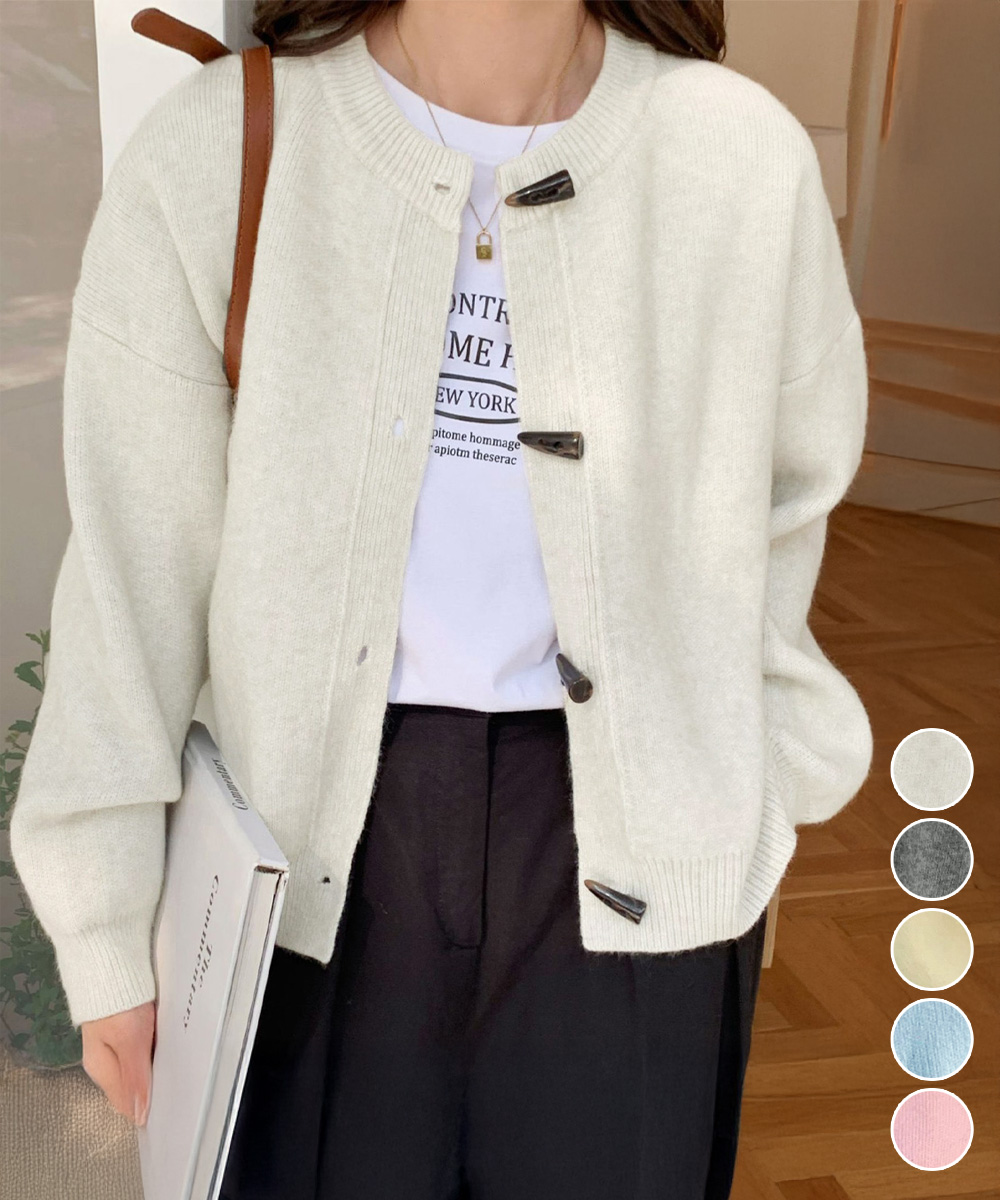 レディースカーディガン ミドル丈 韓国風牛角型トグルボタンニットカーディガン