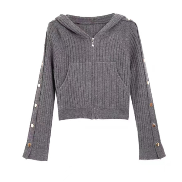 レディースカーディガン ショート丈 二重ファスナー ニット カーディガン フード付き 袖ボタン
