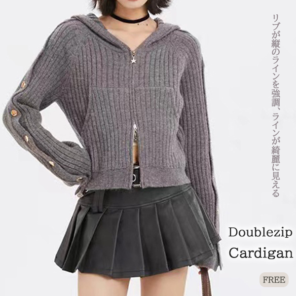 レディースカーディガン ショート丈 二重ファスナー ニット カーディガン フード付き 袖ボタン