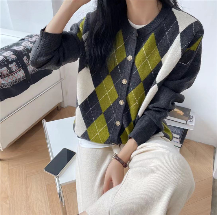 レディースカーディガン 秋新作ゆったりミドル丈ひし形柄ニットカーディガン