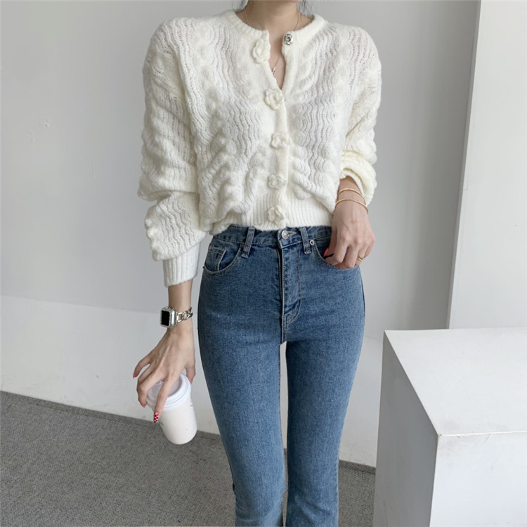 レディースカーディガン 花ボタン ショート丈 ニット カーディガン 秋冬 