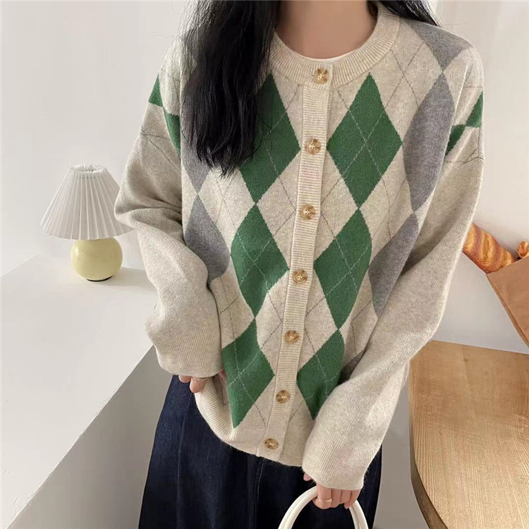 レディースカーディガン 秋新作ゆったりミドル丈ひし形柄ニットカーディガン