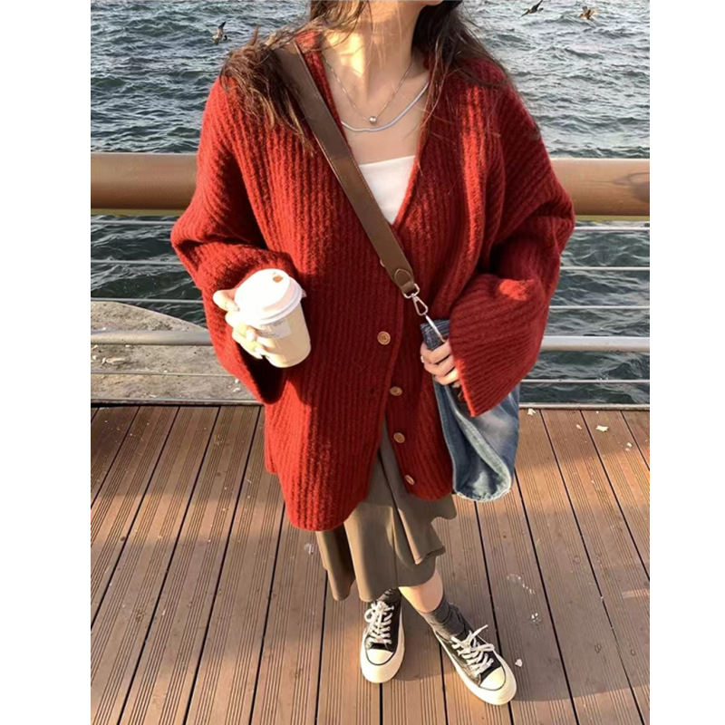 レディースカーディガン ミドル丈 ニット カーディガン ゆったり袖 グレー