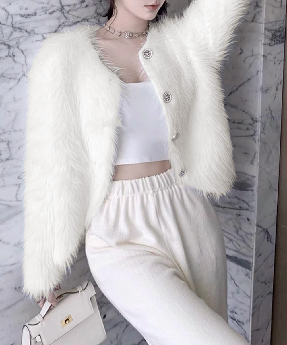 レディースカーディガン ショート丈 ふわふわシャギーニットカーディガン 秋冬