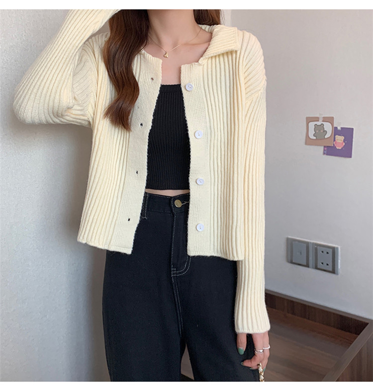 レディースカーディガン 秋冬ショート丈襟付きニットカーディガン無地レディース