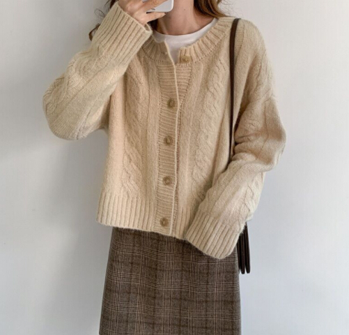 レディースカーディガン 秋冬ケーブル編みショート丈ニットカーディガン