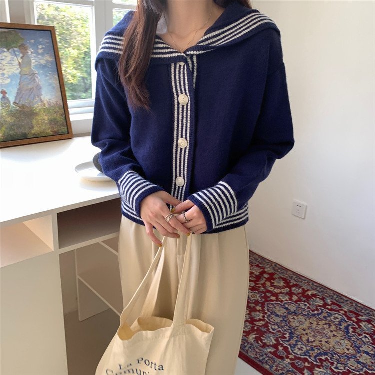 レディースカーディガン 学院風ミドル丈セーラー襟ニットカーディガン