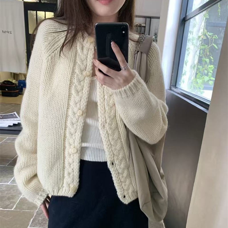 レディースカーディガン フランス風デザイン 上品ケーブル編み ショート丈 ニットカーディガン