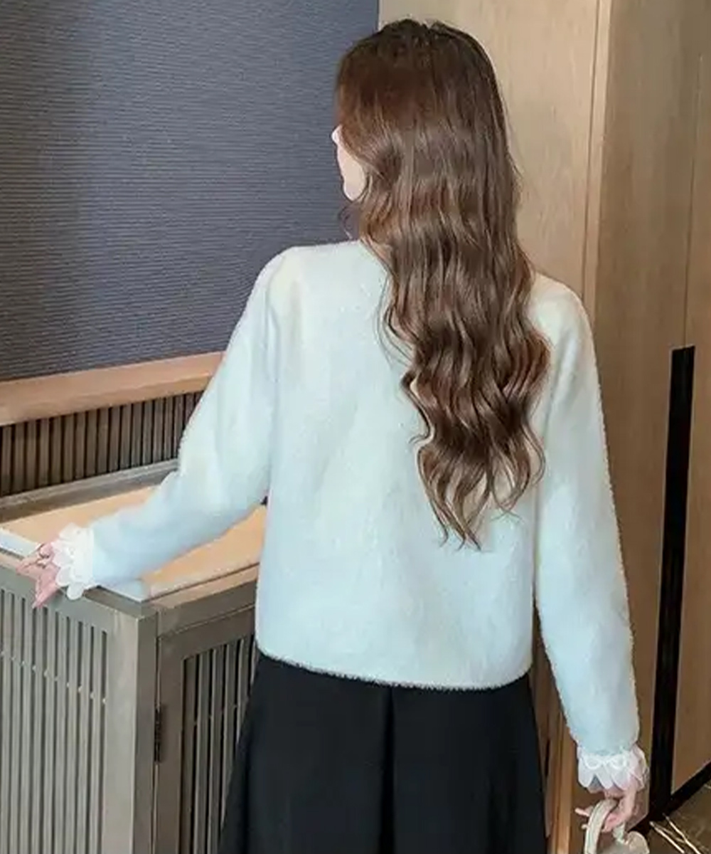 レディースカーディガン 大きめリボンタイ ショート丈 シャギーニット カーディガン