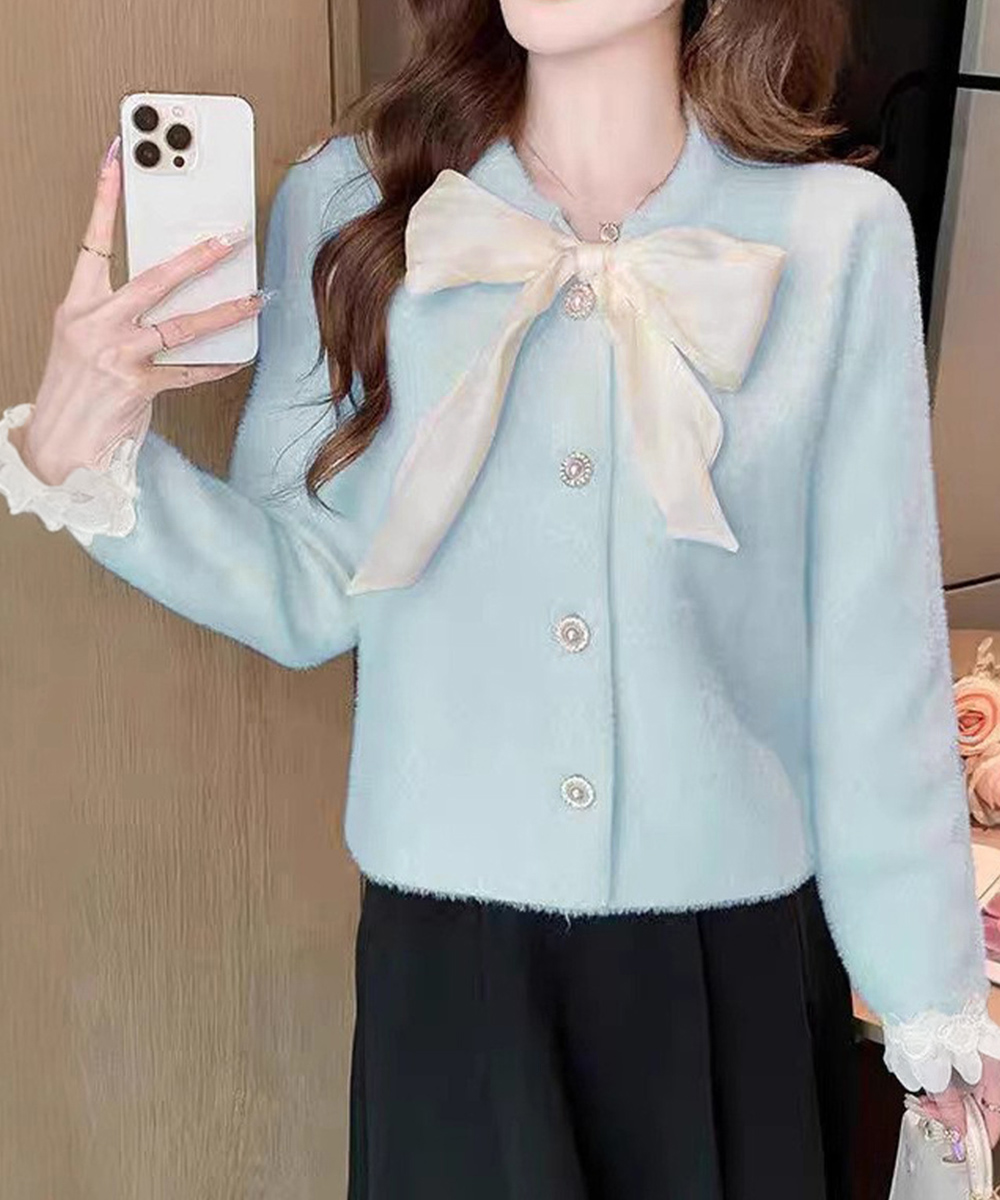 レディースカーディガン 大きめリボンタイ ショート丈 シャギーニット カーディガン