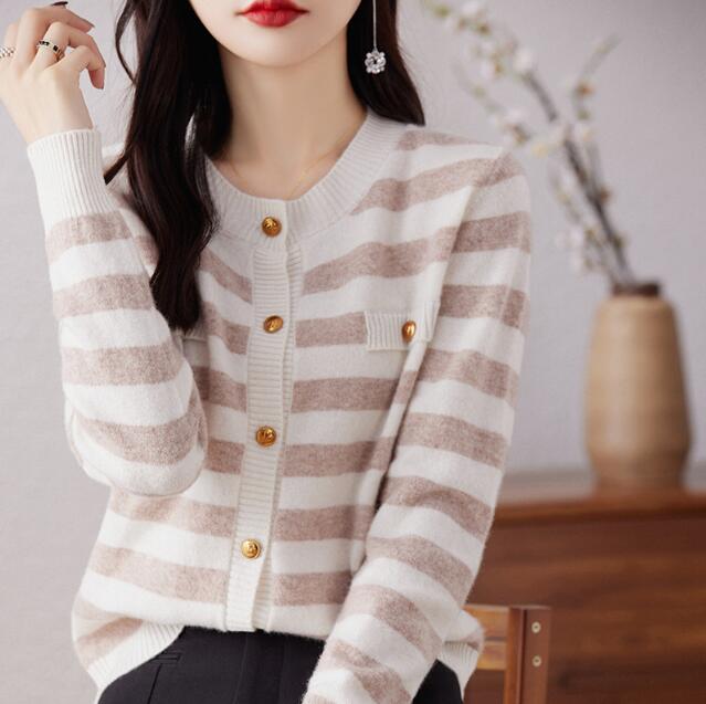 レディースカーディガン ショート丈ボーダーニットカーディガン レディース 4色展開 フリーサイズ