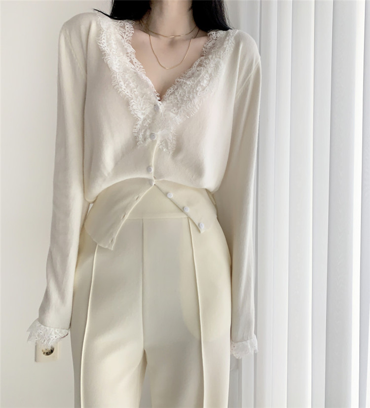 レディースカーディガン レース襟ショート丈ニットカーディガン 長袖 可愛い系