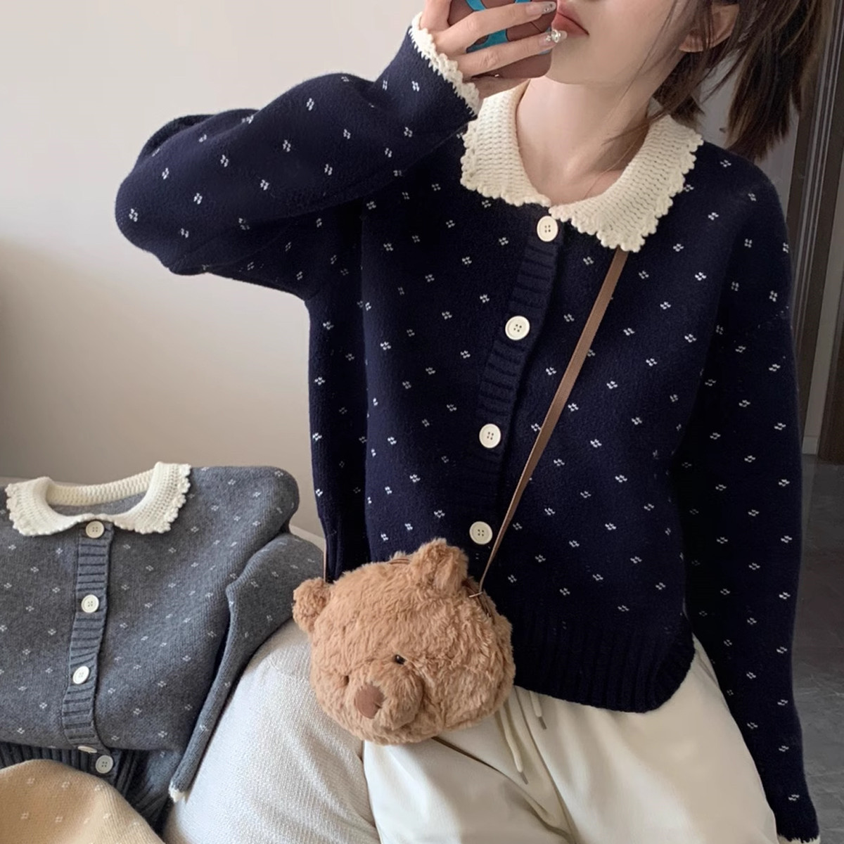 レディースカーディガン ショート丈 レース襟編みニットカーディガン