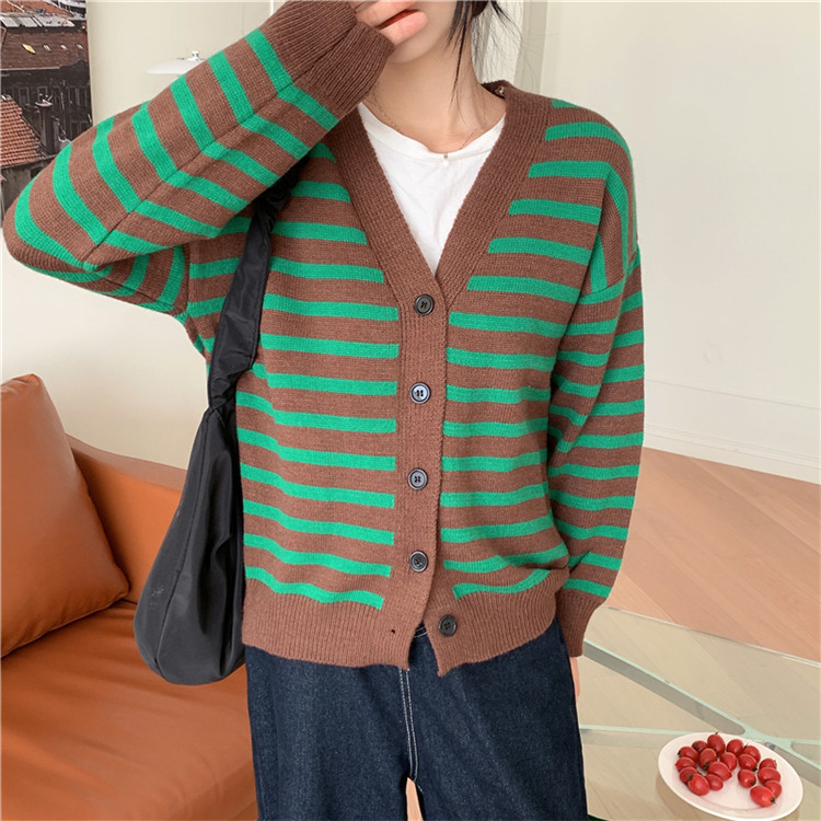 レディースカーディガン 上品ボーダー柄ショート丈カーディガン