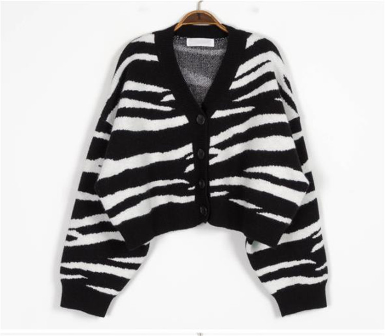 レディースカーディガン 黒白ボーダー ブイネック ショート丈 ニットカーディガン