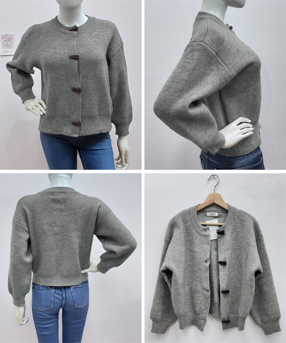 レディースカーディガン ミドル丈 韓国風牛角型トグルボタンニットカーディガン