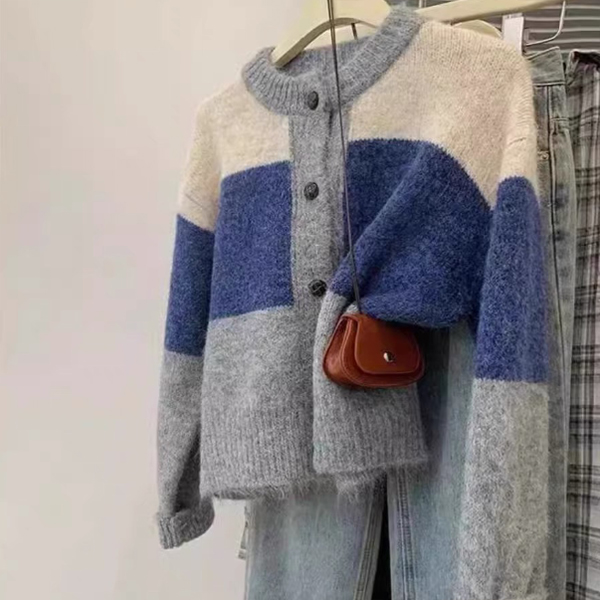 レディースカーディガン ショート丈 配色ニットカーディガン 丸襟 