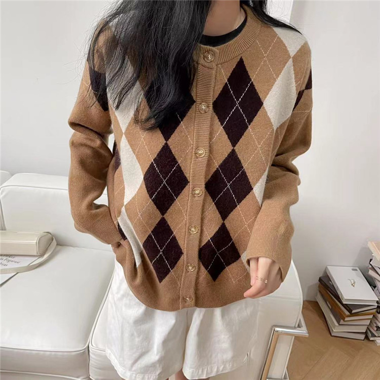 レディースカーディガン 秋新作ゆったりミドル丈ひし形柄ニットカーディガン