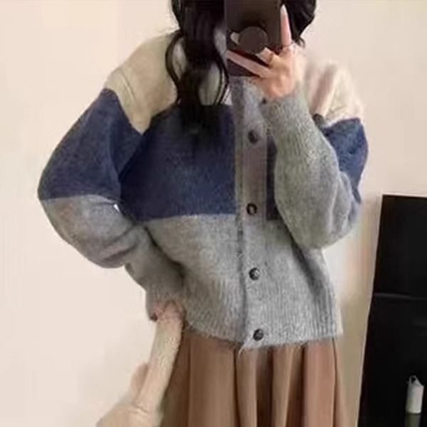 レディースカーディガン ショート丈 配色ニットカーディガン 丸襟 