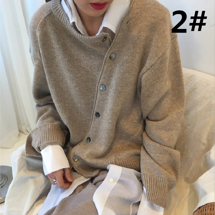 レディースカーディガン ミドル丈 ニットカーディガン 長袖 無地 ゆったり　斜めボタン
