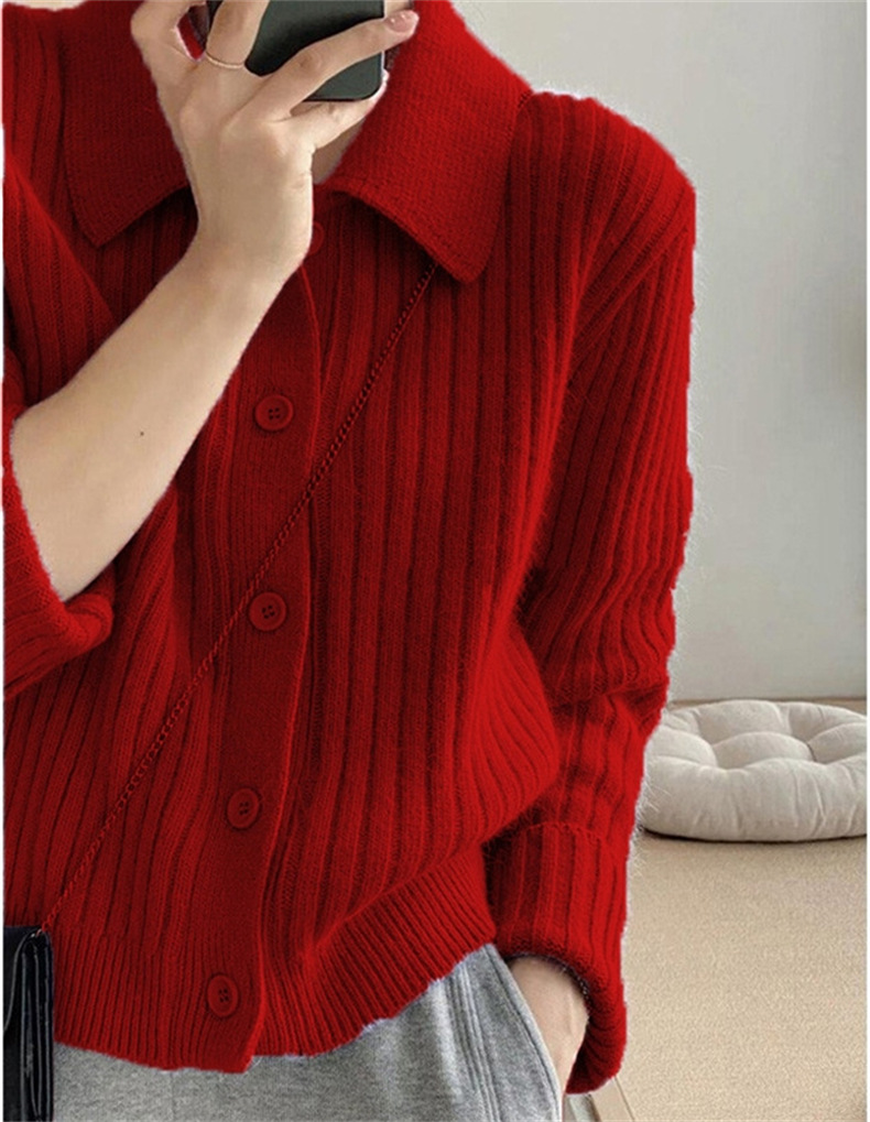 レディースカーディガン ショート丈 襟付きリブニット カーディガン