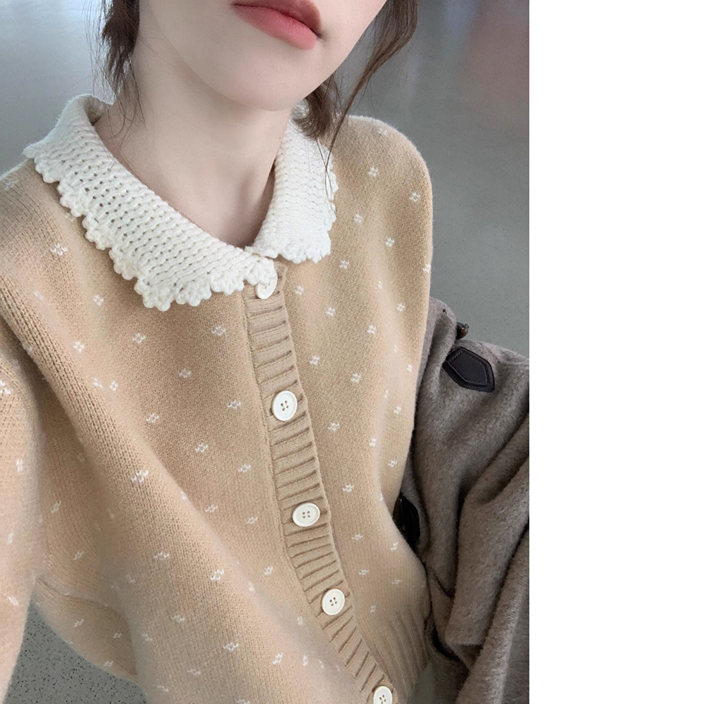 レディースカーディガン ショート丈 レース襟編みニットカーディガン