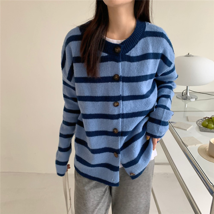 レディースカーディガン おしゃれ ボーダー柄 ミドル丈 ニットカーディガン