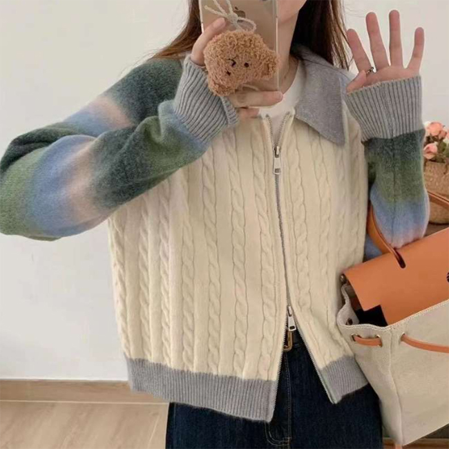 レディースカーディガン ミドル丈 グラデーション ダブル ニットカーディガン