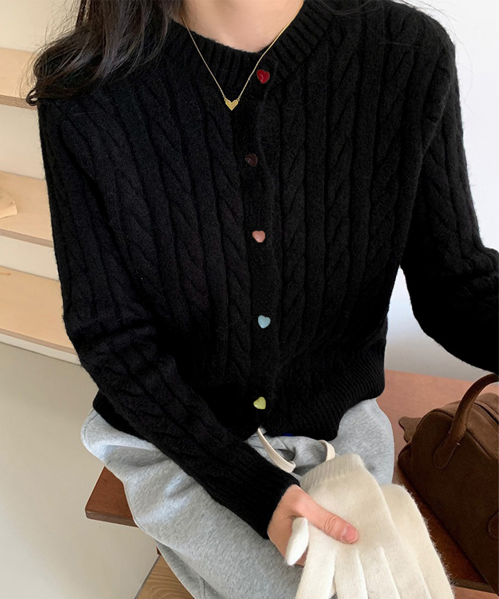 レディースカーディガン ミドル丈 ケーブルニットカーディガン ハートボタン前開き