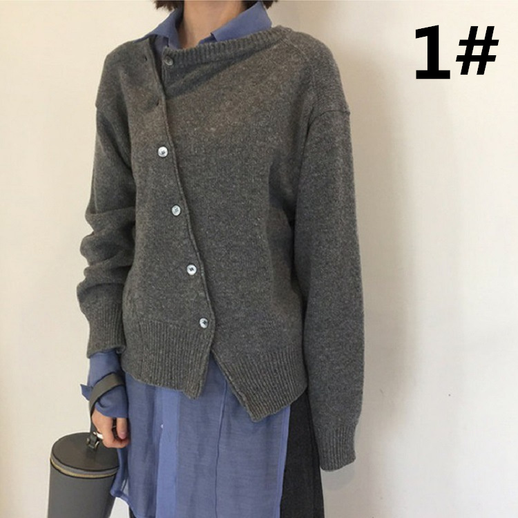 レディースカーディガン ミドル丈 ニットカーディガン 長袖 無地 ゆったり　斜めボタン